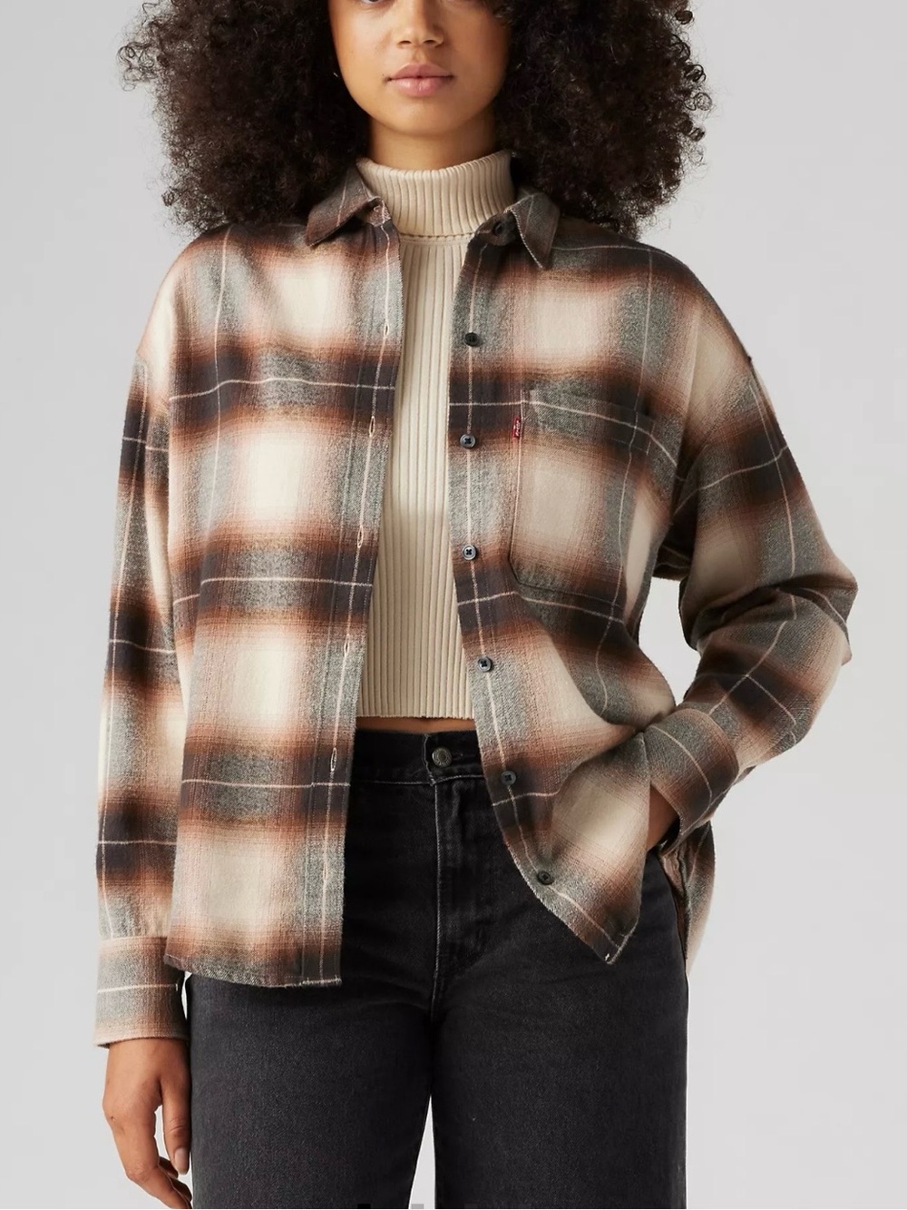 Levi's Women's Henri Plaid Button-Down Flannel Shirt in Brown, Beige and Black,